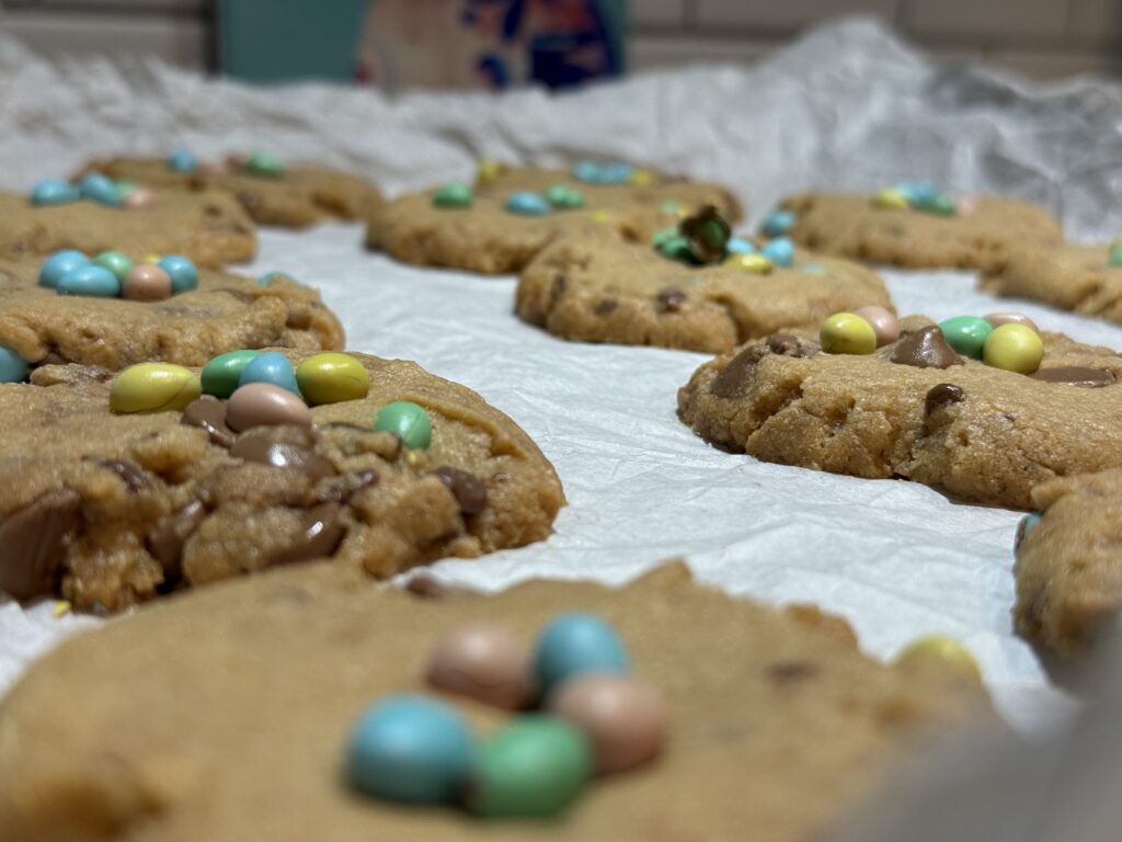 Brown butter toffee chocolate chip cookies with mini eggs on top!